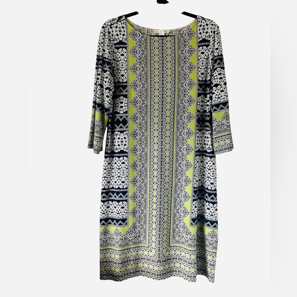 London Times Black and Green 3/4 Sleeve Patterned Dress Sz 14